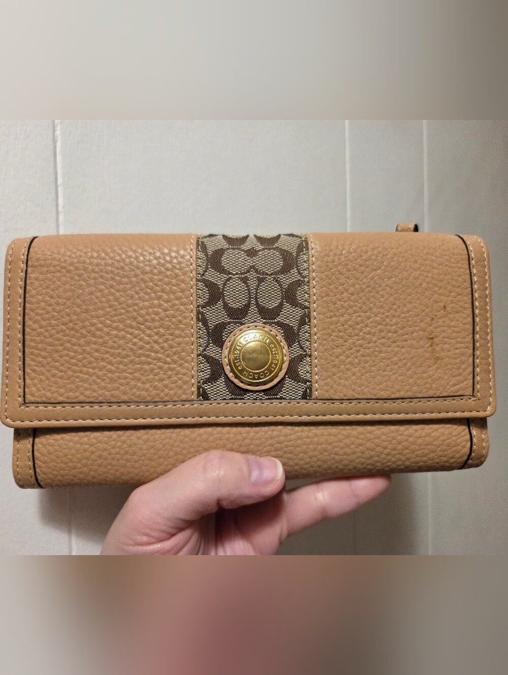 Coach Pebbled Leather and Signature Canvas Checkbook Wallet in Tan And Brown